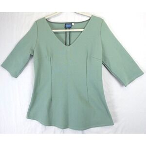 Elhoffer Essentials Green V-Neck Stretch Top Women L Elbow Sleeve Flared Hem‎
